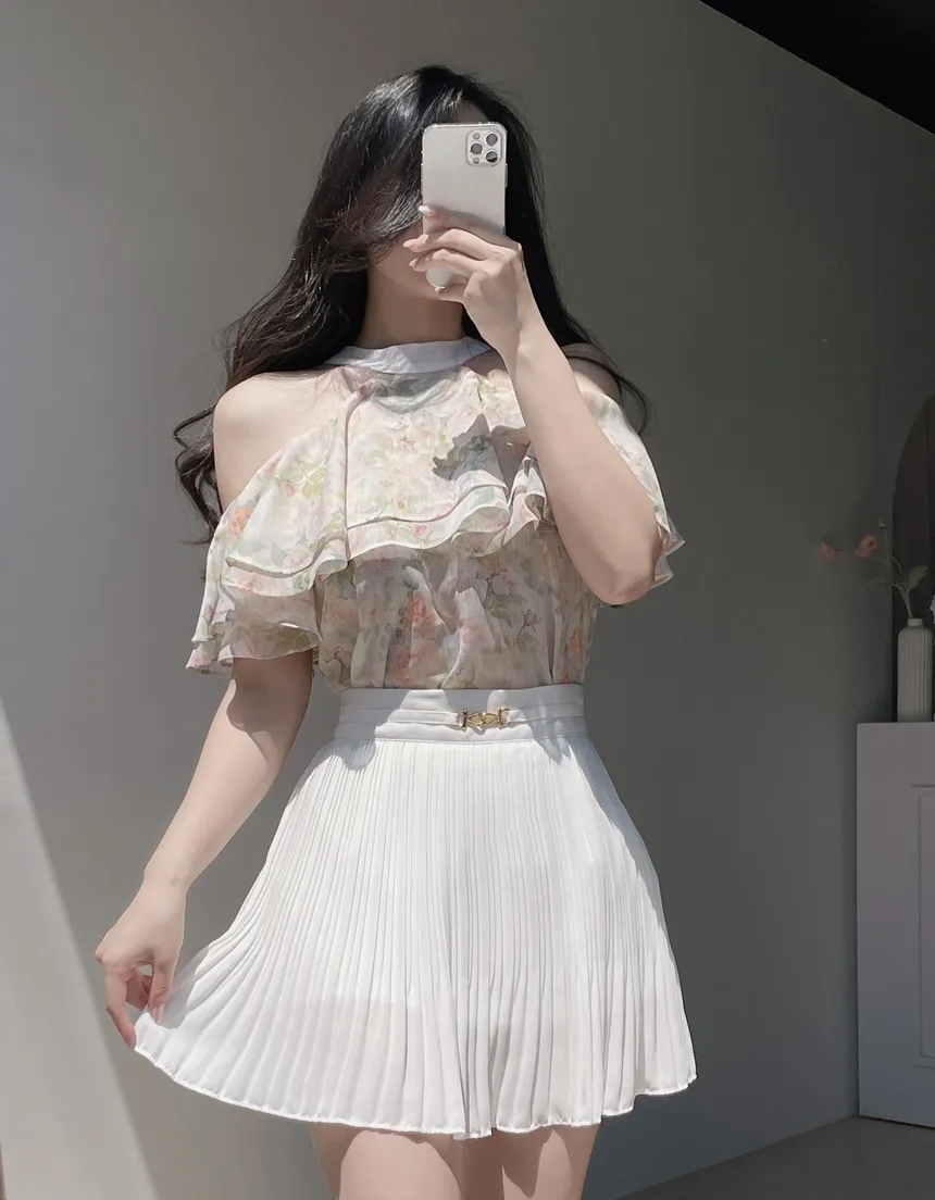シフォンホルターネックフレアラッフル花柄ノースリブラウス | mirangmirang | 詳細画像20