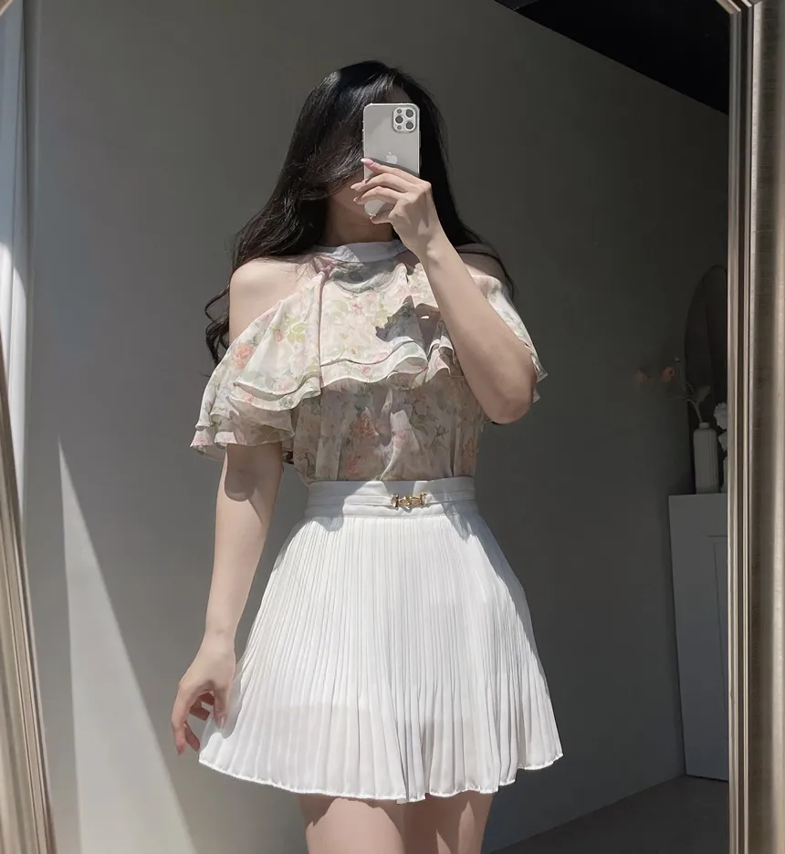 シフォンホルターネックフレアラッフル花柄ノースリブラウス | mirangmirang | 詳細画像21