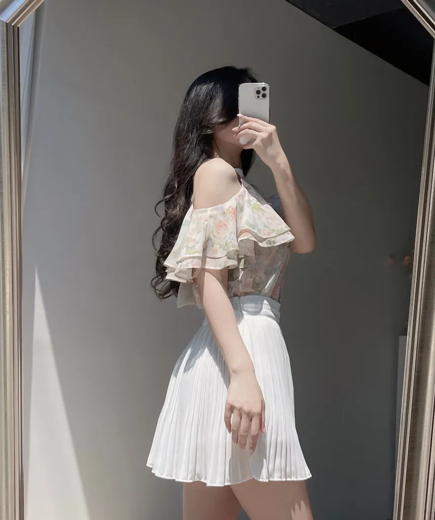 シフォンホルターネックフレアラッフル花柄ノースリブラウス | mirangmirang | 詳細画像23