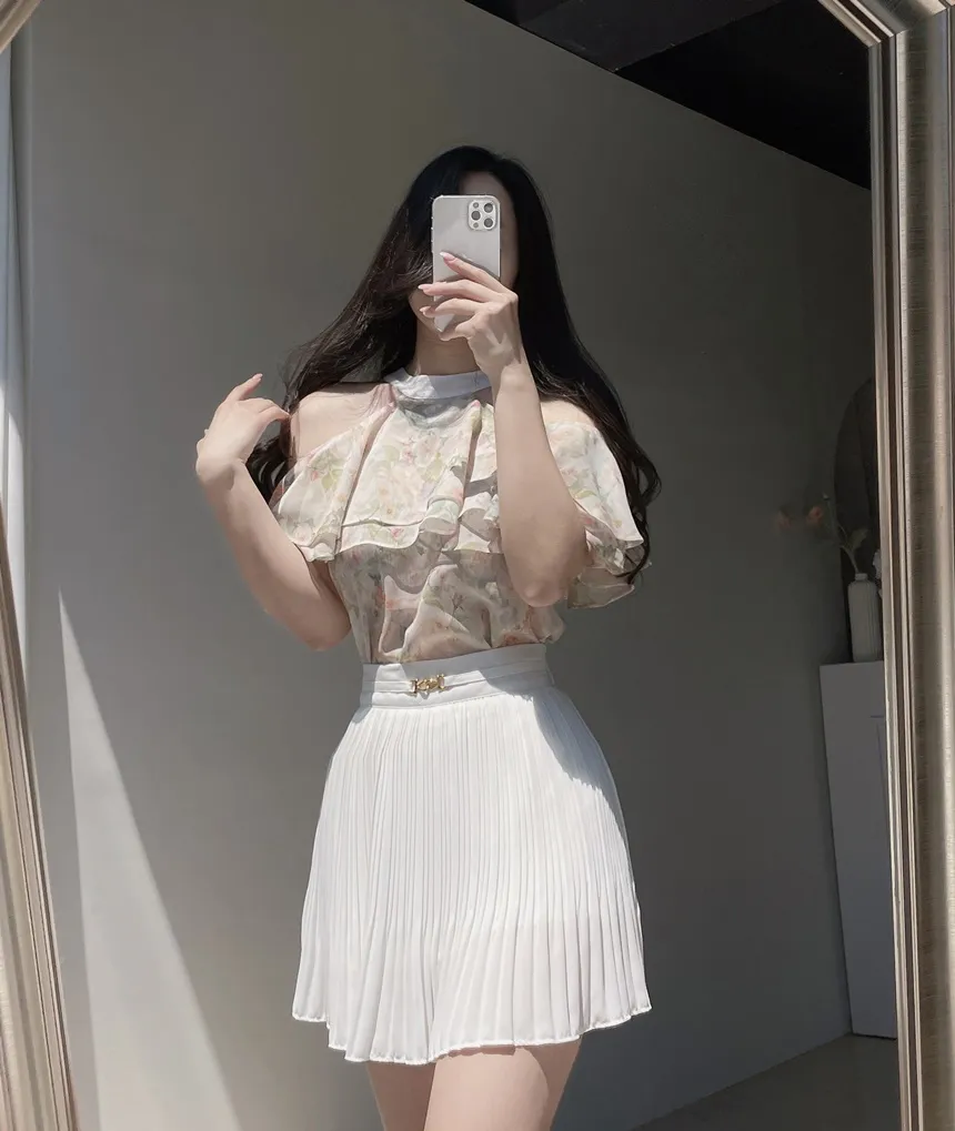 シフォンホルターネックフレアラッフル花柄ノースリブラウス | mirangmirang | 詳細画像25