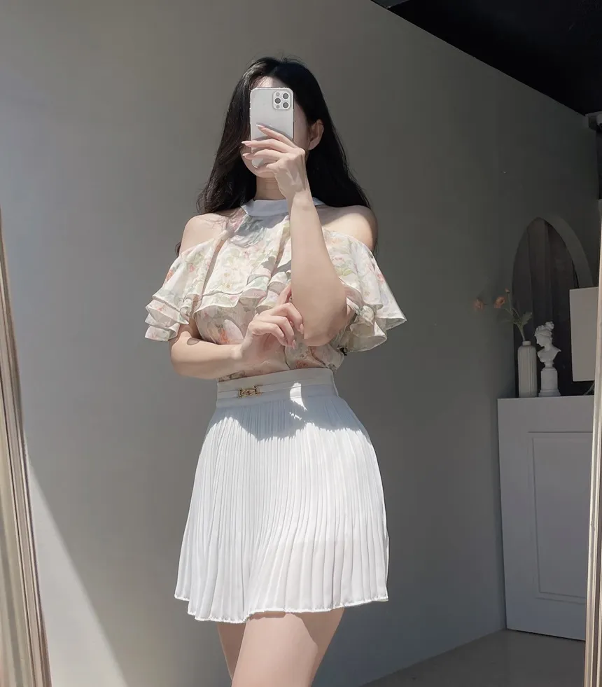 シフォンホルターネックフレアラッフル花柄ノースリブラウス | mirangmirang | 詳細画像26