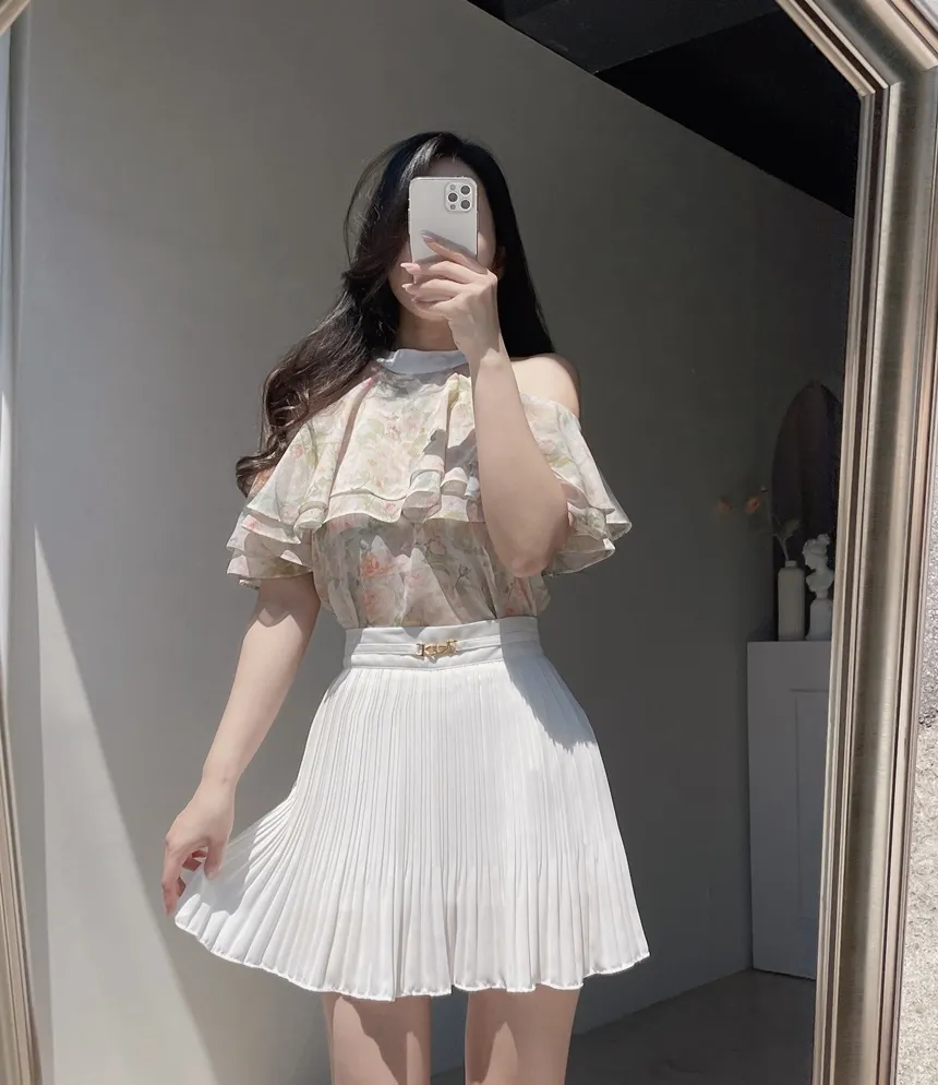 シフォンホルターネックフレアラッフル花柄ノースリブラウス | mirangmirang | 詳細画像27