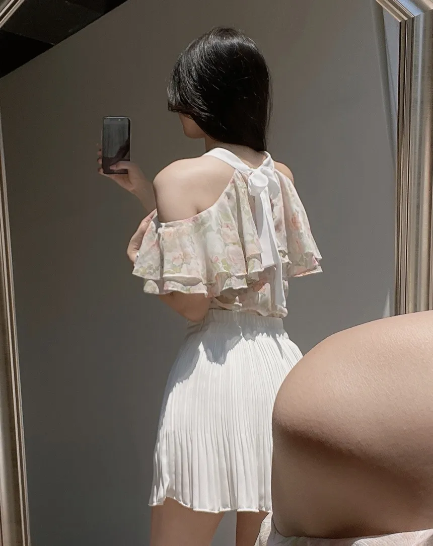 シフォンホルターネックフレアラッフル花柄ノースリブラウス | mirangmirang | 詳細画像29