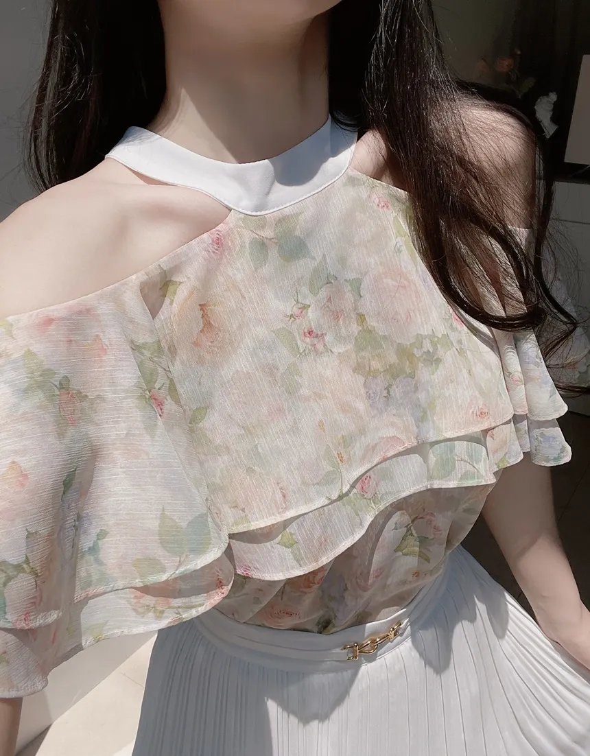 シフォンホルターネックフレアラッフル花柄ノースリブラウス | mirangmirang | 詳細画像30