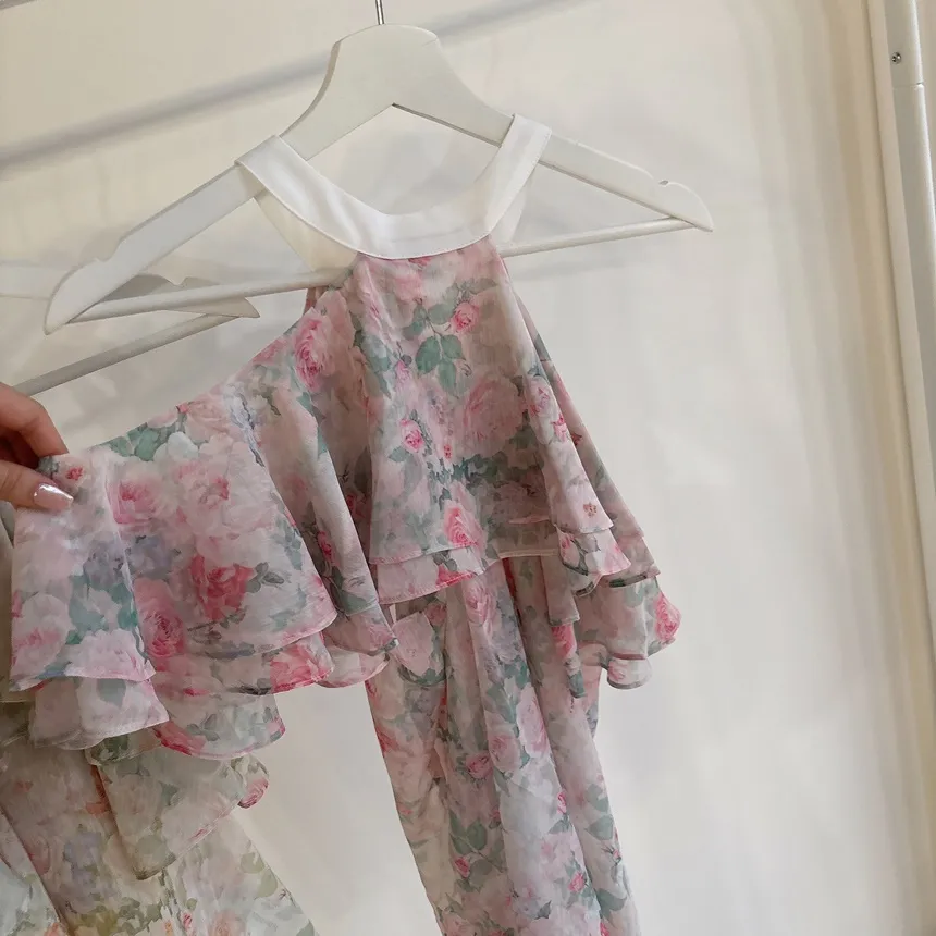 シフォンホルターネックフレアラッフル花柄ノースリブラウス | mirangmirang | 詳細画像32