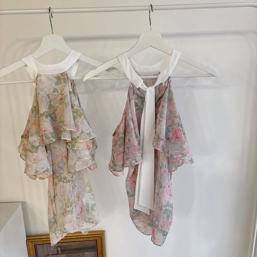 シフォンホルターネックフレアラッフル花柄ノースリブラウス | mirangmirang | 詳細画像35
