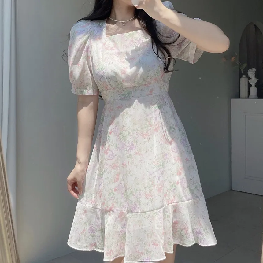 カップ付シフォンジップアップスクエアネックパフスリーブHライン半袖花柄ワンピース | mirangmirang | 詳細画像2