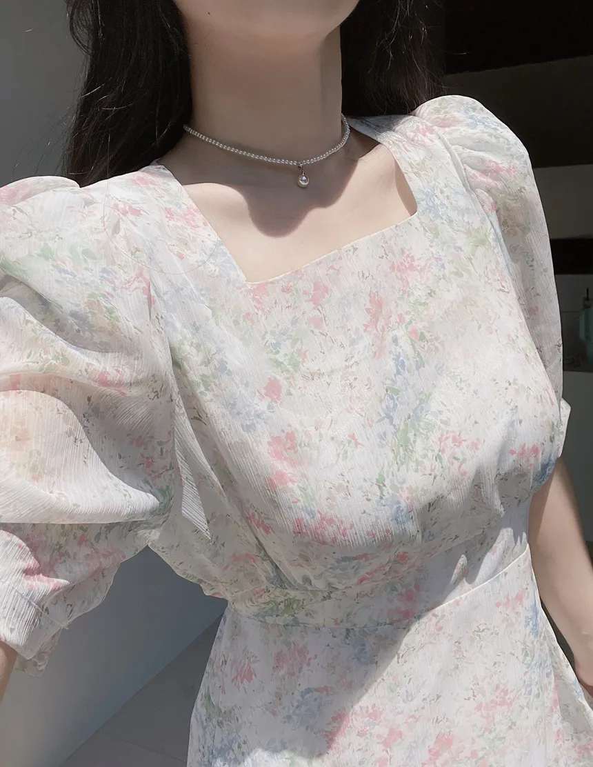 カップ付シフォンジップアップスクエアネックパフスリーブHライン半袖花柄ワンピース | mirangmirang | 詳細画像12