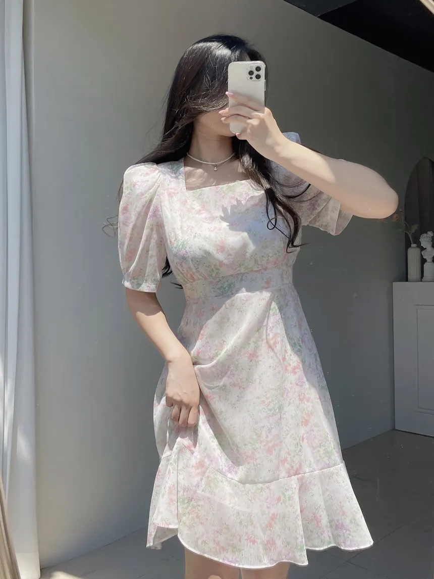 カップ付シフォンジップアップスクエアネックパフスリーブHライン半袖花柄ワンピース | mirangmirang | 詳細画像19