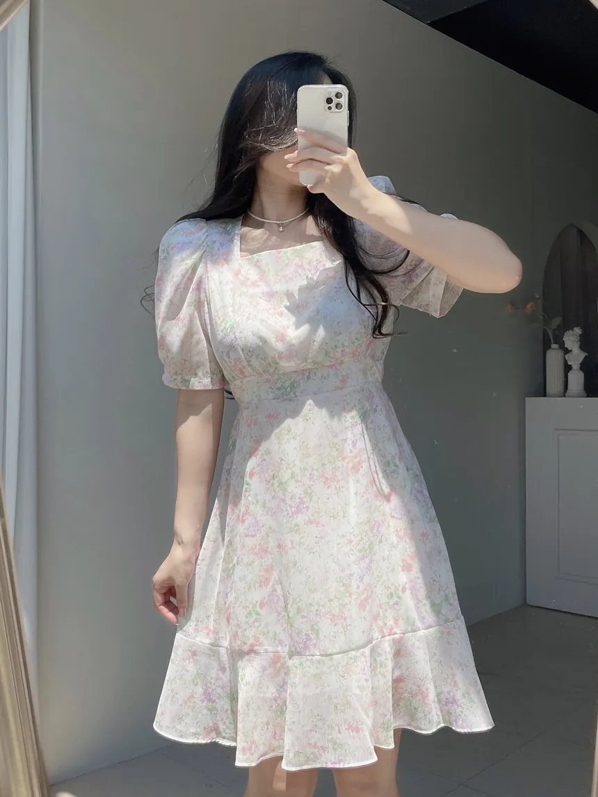 カップ付シフォンジップアップスクエアネックパフスリーブHライン半袖花柄ワンピース | mirangmirang | 詳細画像20