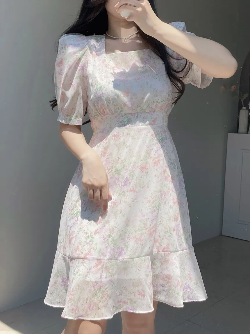 カップ付シフォンジップアップスクエアネックパフスリーブHライン半袖花柄ワンピース | mirangmirang | 詳細画像22