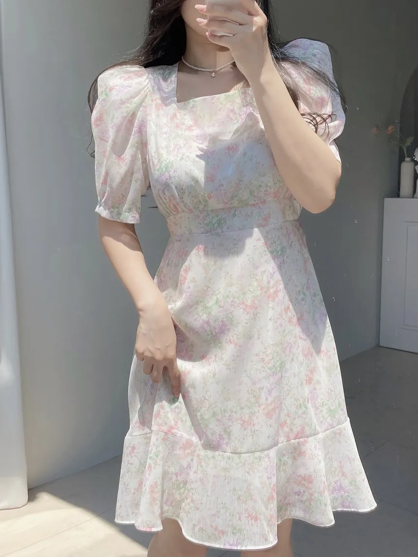 カップ付シフォンジップアップスクエアネックパフスリーブHライン半袖花柄ワンピース | mirangmirang | 詳細画像24