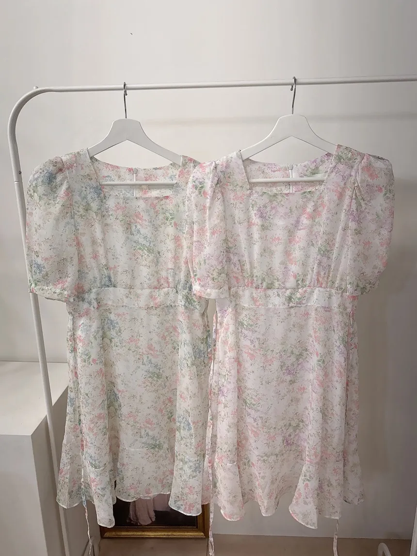 カップ付シフォンジップアップスクエアネックパフスリーブHライン半袖花柄ワンピース | mirangmirang | 詳細画像27