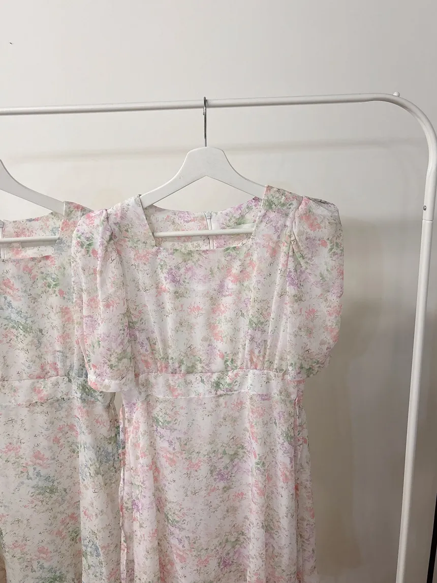 カップ付シフォンジップアップスクエアネックパフスリーブHライン半袖花柄ワンピース | mirangmirang | 詳細画像28