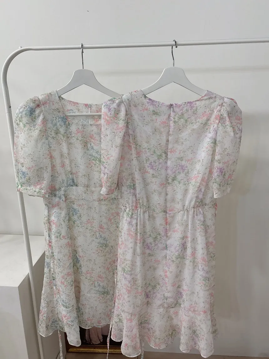 カップ付シフォンジップアップスクエアネックパフスリーブHライン半袖花柄ワンピース | mirangmirang | 詳細画像29