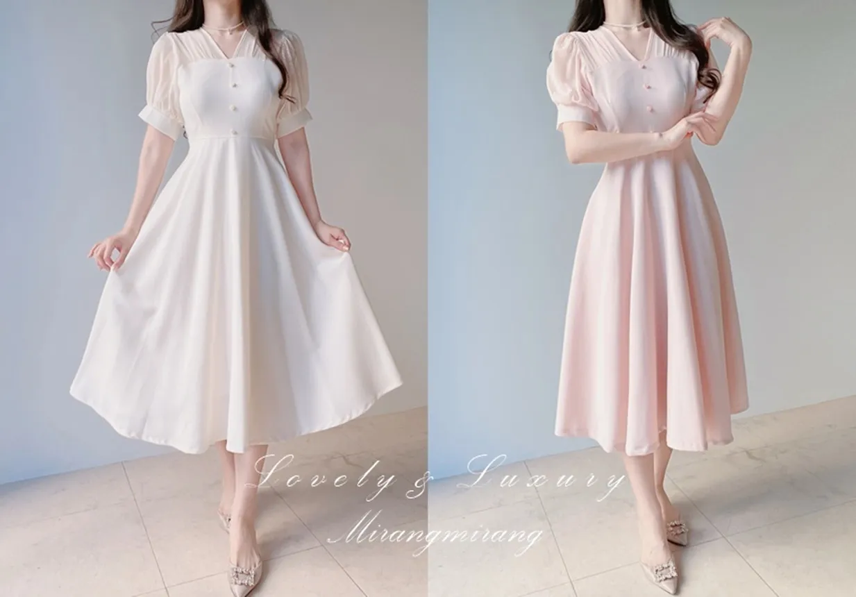 シフォンシースルーVネックロング半袖フレアフェイクボタンバックストラップ配色ワンピース | mirangmirang | 詳細画像1