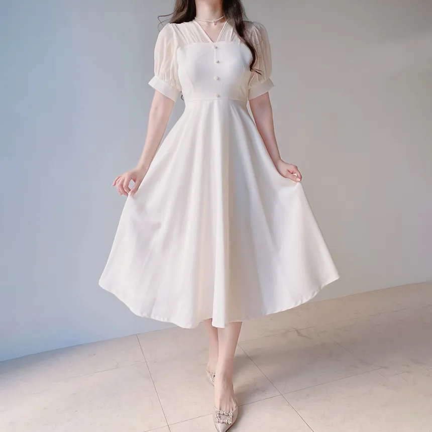 シフォンシースルーVネックロング半袖フレアフェイクボタンバックストラップ配色ワンピース | mirangmirang | 詳細画像2