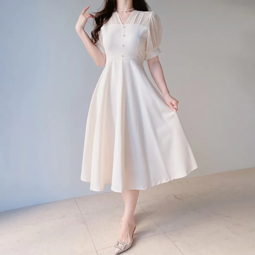 シフォンシースルーVネックロング半袖フレアフェイクボタンバックストラップ配色ワンピース | mirangmirang | 詳細画像3