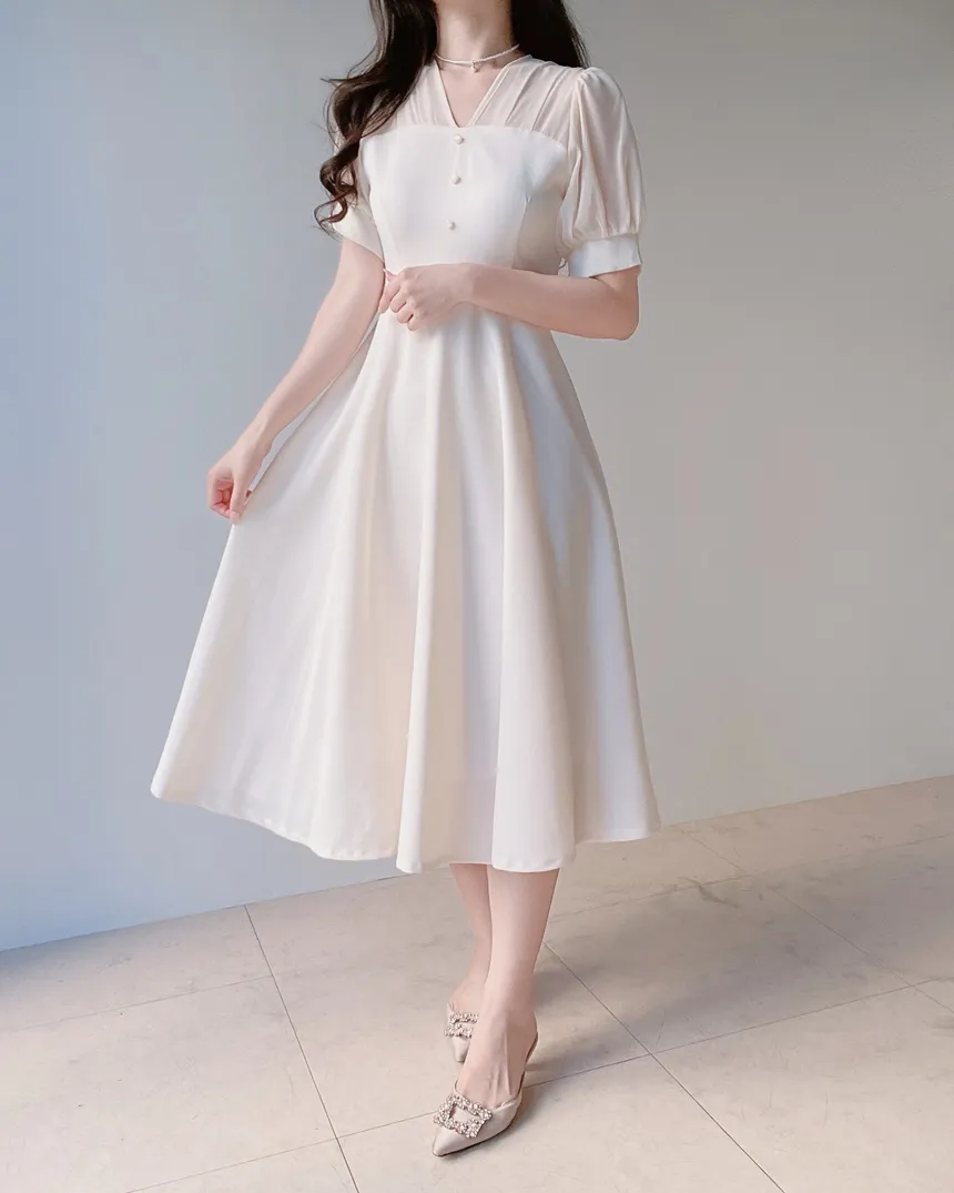シフォンシースルーVネックロング半袖フレアフェイクボタンバックストラップ配色ワンピース | mirangmirang | 詳細画像4