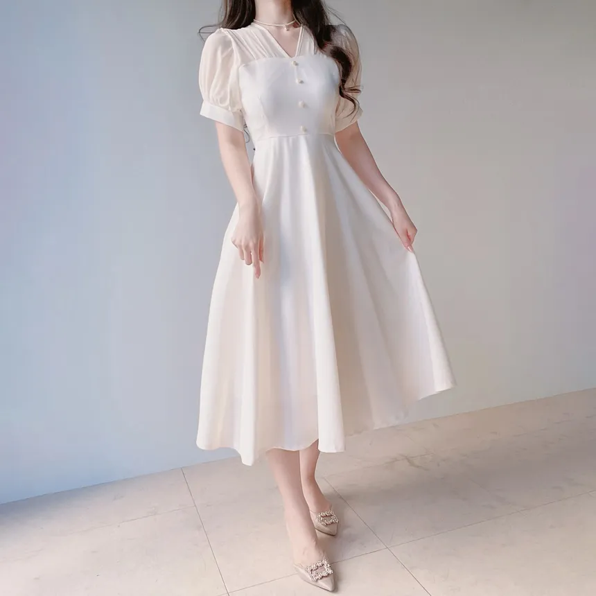 シフォンシースルーVネックロング半袖フレアフェイクボタンバックストラップ配色ワンピース | mirangmirang | 詳細画像5