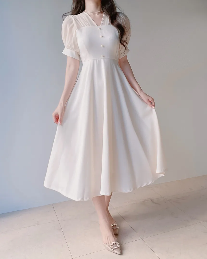 シフォンシースルーVネックロング半袖フレアフェイクボタンバックストラップ配色ワンピース | mirangmirang | 詳細画像6