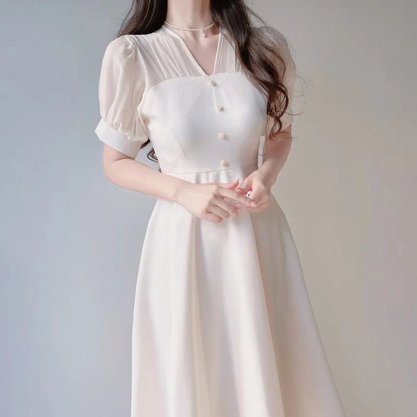 シフォンシースルーVネックロング半袖フレアフェイクボタンバックストラップ配色ワンピース | mirangmirang | 詳細画像7
