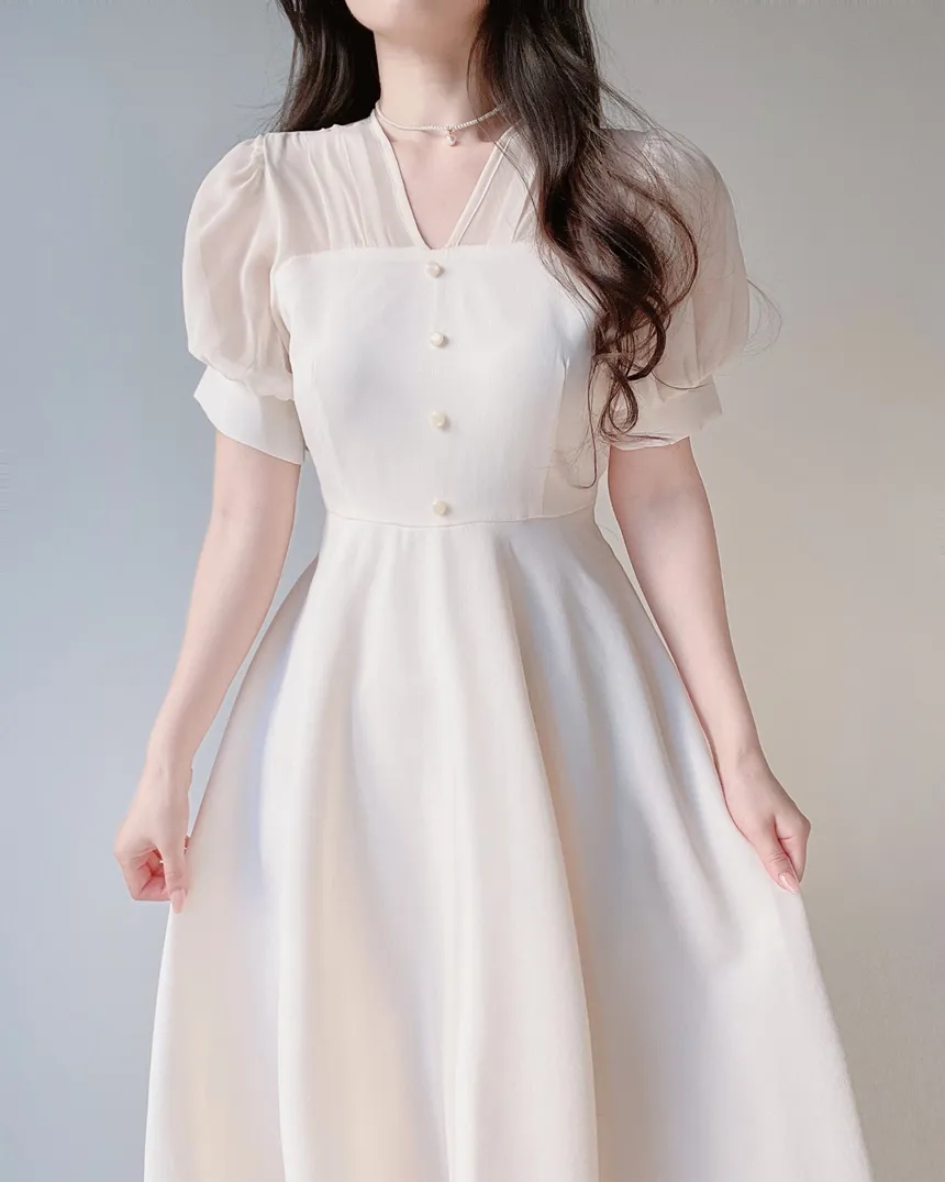 シフォンシースルーVネックロング半袖フレアフェイクボタンバックストラップ配色ワンピース | mirangmirang | 詳細画像8