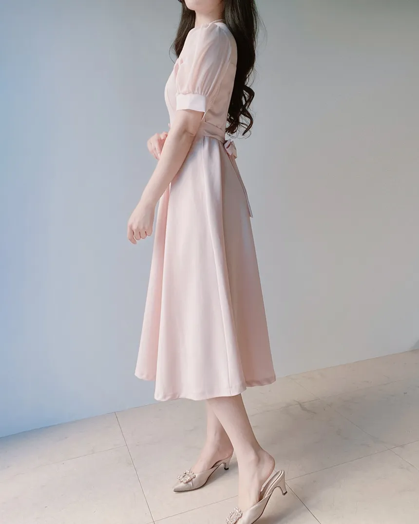 シフォンシースルーVネックロング半袖フレアフェイクボタンバックストラップ配色ワンピース | mirangmirang | 詳細画像9