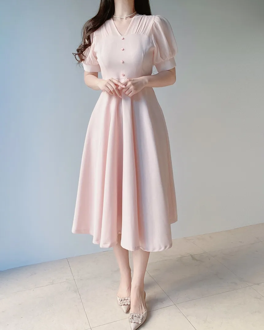 シフォンシースルーVネックロング半袖フレアフェイクボタンバックストラップ配色ワンピース | mirangmirang | 詳細画像10