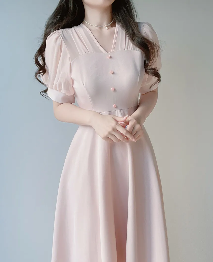 シフォンシースルーVネックロング半袖フレアフェイクボタンバックストラップ配色ワンピース | mirangmirang | 詳細画像11