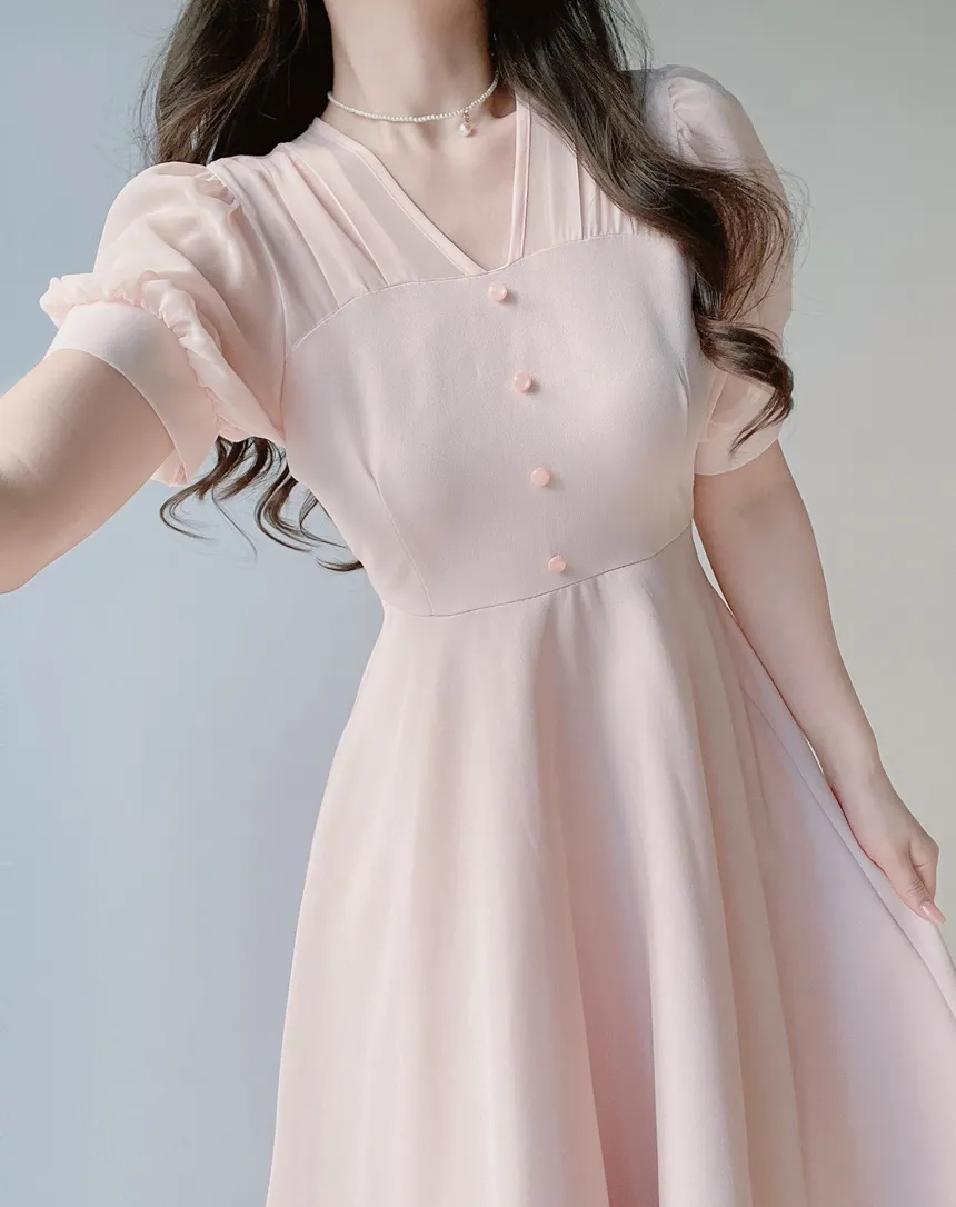シフォンシースルーVネックロング半袖フレアフェイクボタンバックストラップ配色ワンピース | mirangmirang | 詳細画像12