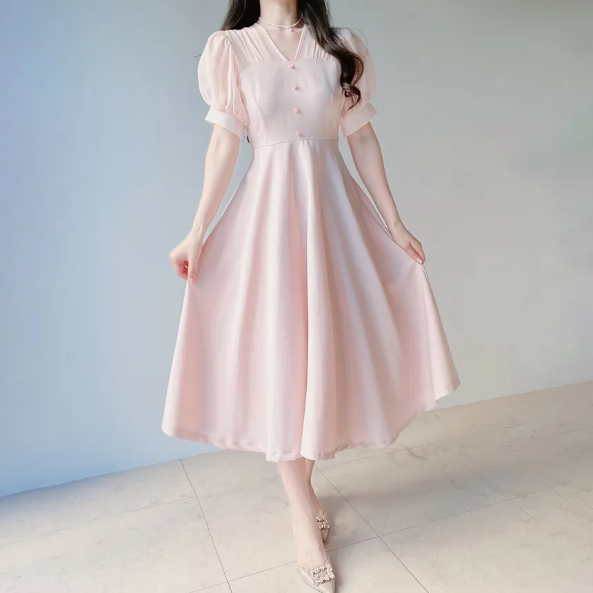 シフォンシースルーVネックロング半袖フレアフェイクボタンバックストラップ配色ワンピース | mirangmirang | 詳細画像13