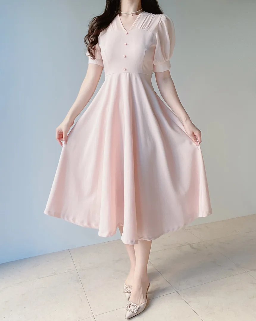 シフォンシースルーVネックロング半袖フレアフェイクボタンバックストラップ配色ワンピース | mirangmirang | 詳細画像14