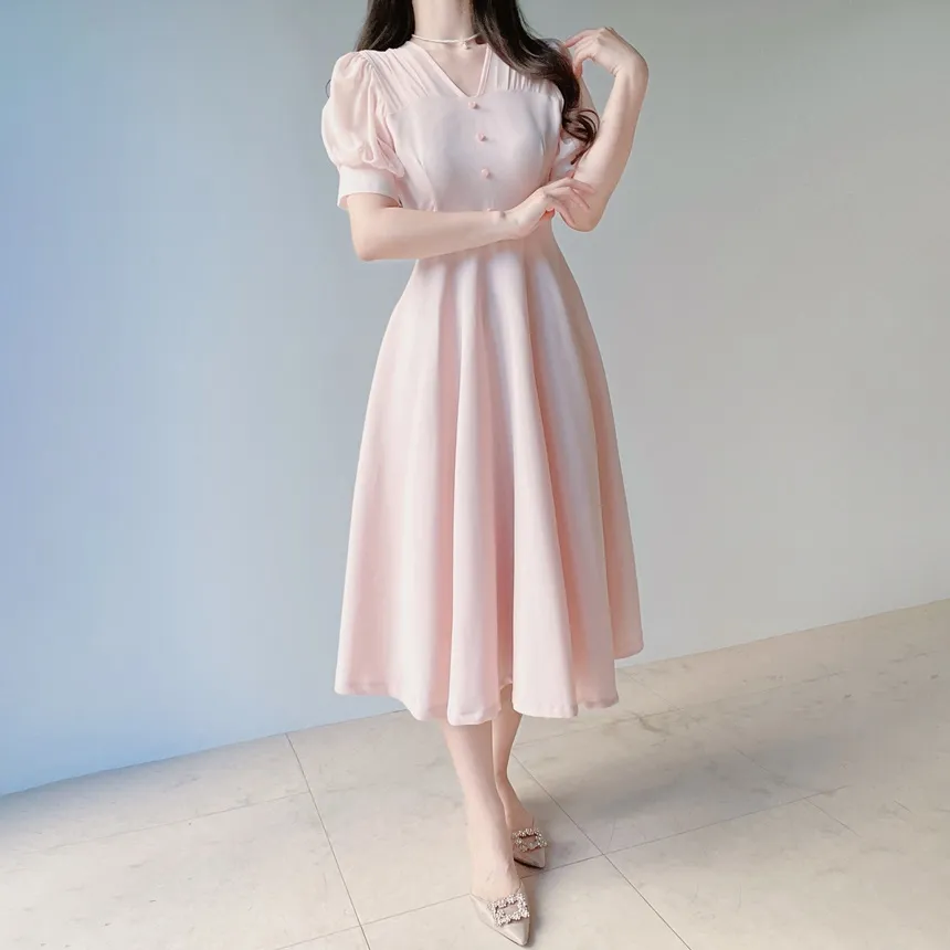 シフォンシースルーVネックロング半袖フレアフェイクボタンバックストラップ配色ワンピース | mirangmirang | 詳細画像15