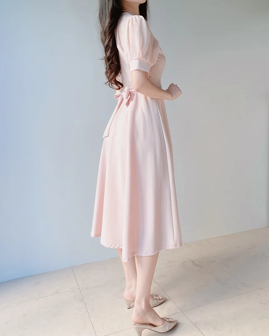 シフォンシースルーVネックロング半袖フレアフェイクボタンバックストラップ配色ワンピース | mirangmirang | 詳細画像16