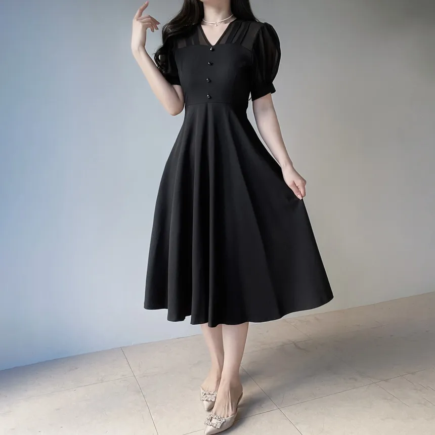 シフォンシースルーVネックロング半袖フレアフェイクボタンバックストラップ配色ワンピース | mirangmirang | 詳細画像19