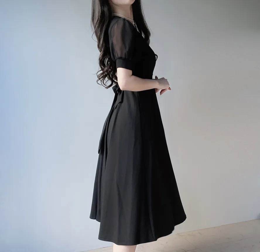 シフォンシースルーVネックロング半袖フレアフェイクボタンバックストラップ配色ワンピース | mirangmirang | 詳細画像20