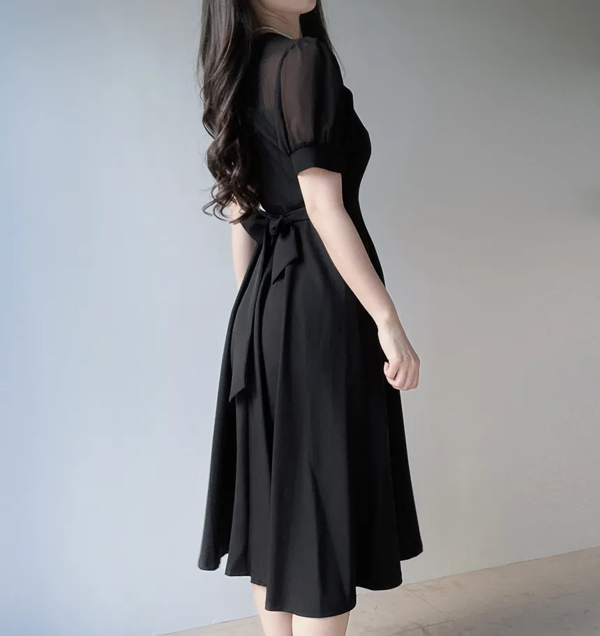 シフォンシースルーVネックロング半袖フレアフェイクボタンバックストラップ配色ワンピース | mirangmirang | 詳細画像21
