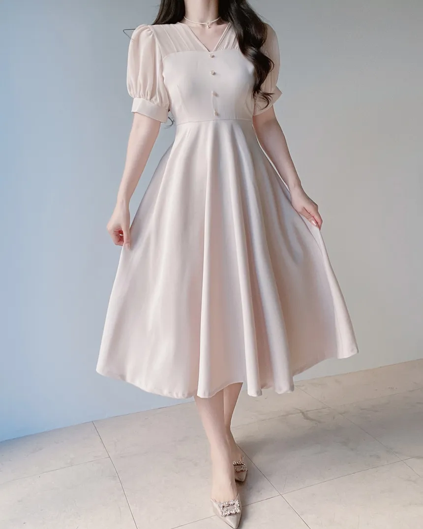 シフォンシースルーVネックロング半袖フレアフェイクボタンバックストラップ配色ワンピース | mirangmirang | 詳細画像22
