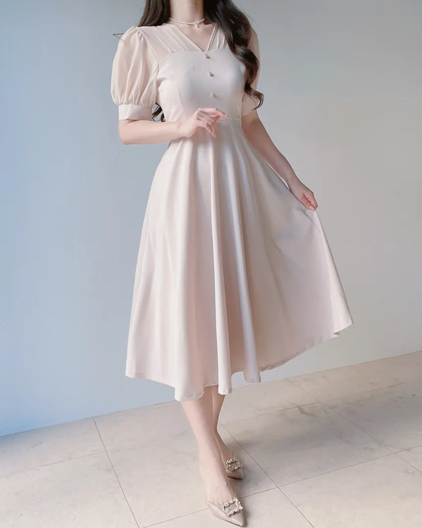 シフォンシースルーVネックロング半袖フレアフェイクボタンバックストラップ配色ワンピース | mirangmirang | 詳細画像23