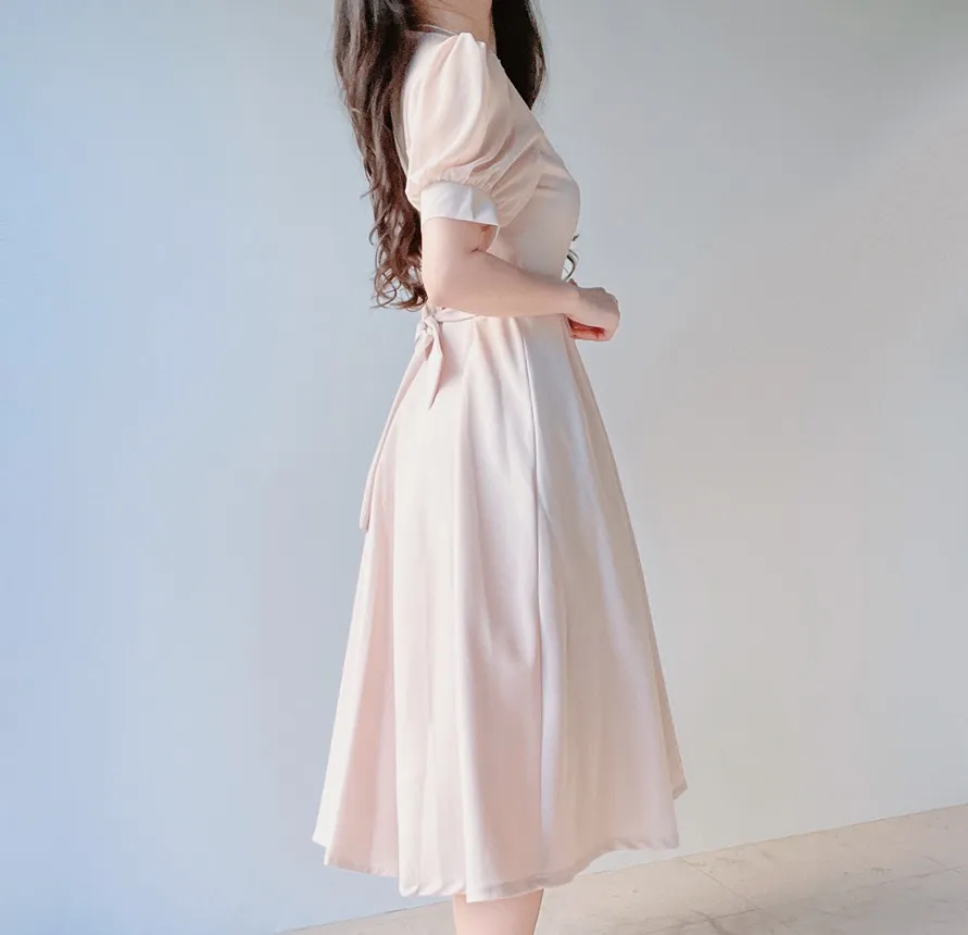 シフォンシースルーVネックロング半袖フレアフェイクボタンバックストラップ配色ワンピース | mirangmirang | 詳細画像24