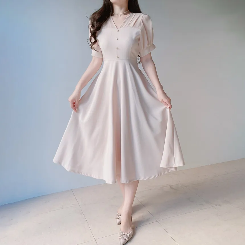 シフォンシースルーVネックロング半袖フレアフェイクボタンバックストラップ配色ワンピース | mirangmirang | 詳細画像26
