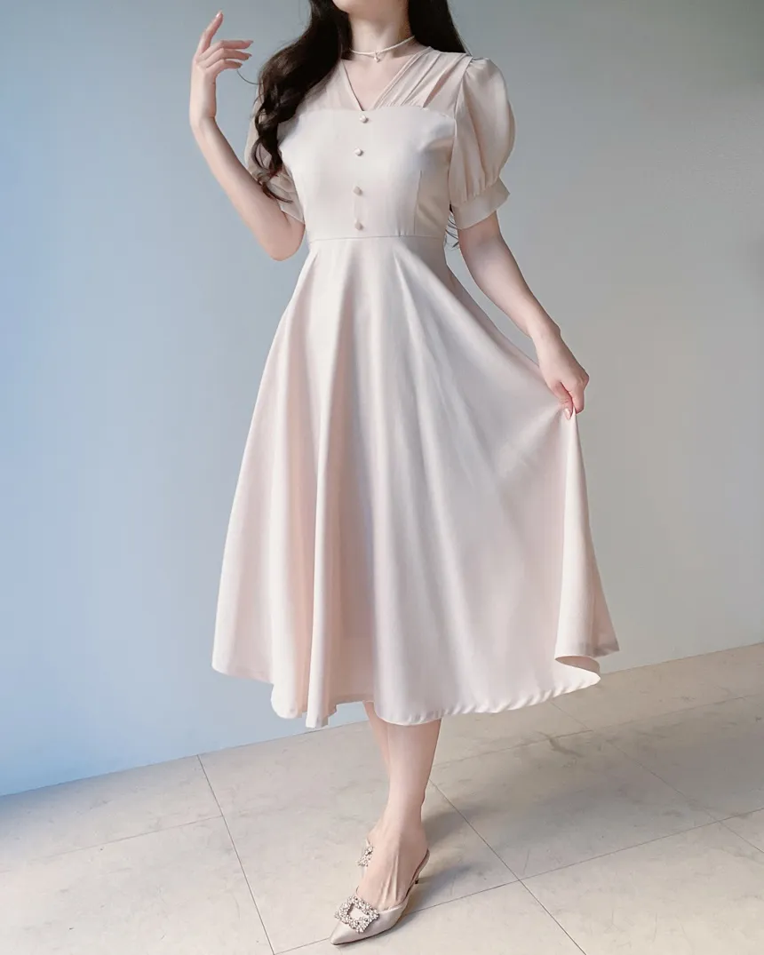 シフォンシースルーVネックロング半袖フレアフェイクボタンバックストラップ配色ワンピース | mirangmirang | 詳細画像27