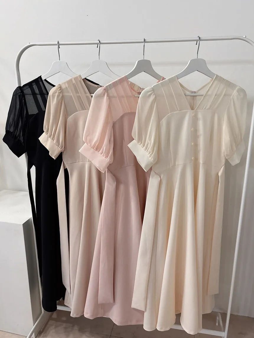 シフォンシースルーVネックロング半袖フレアフェイクボタンバックストラップ配色ワンピース | mirangmirang | 詳細画像28