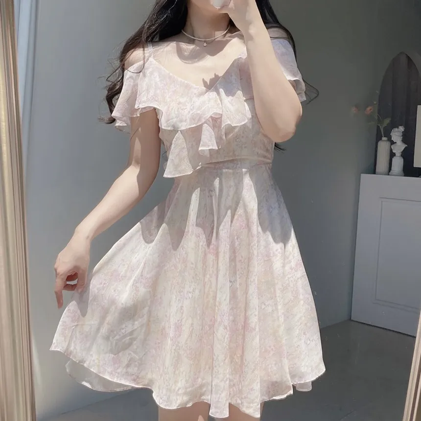 シフォンソフトミディフレアラッフルオフショルダージップアップVネックプリントキャミワンピース | mirangmirang | 詳細画像2