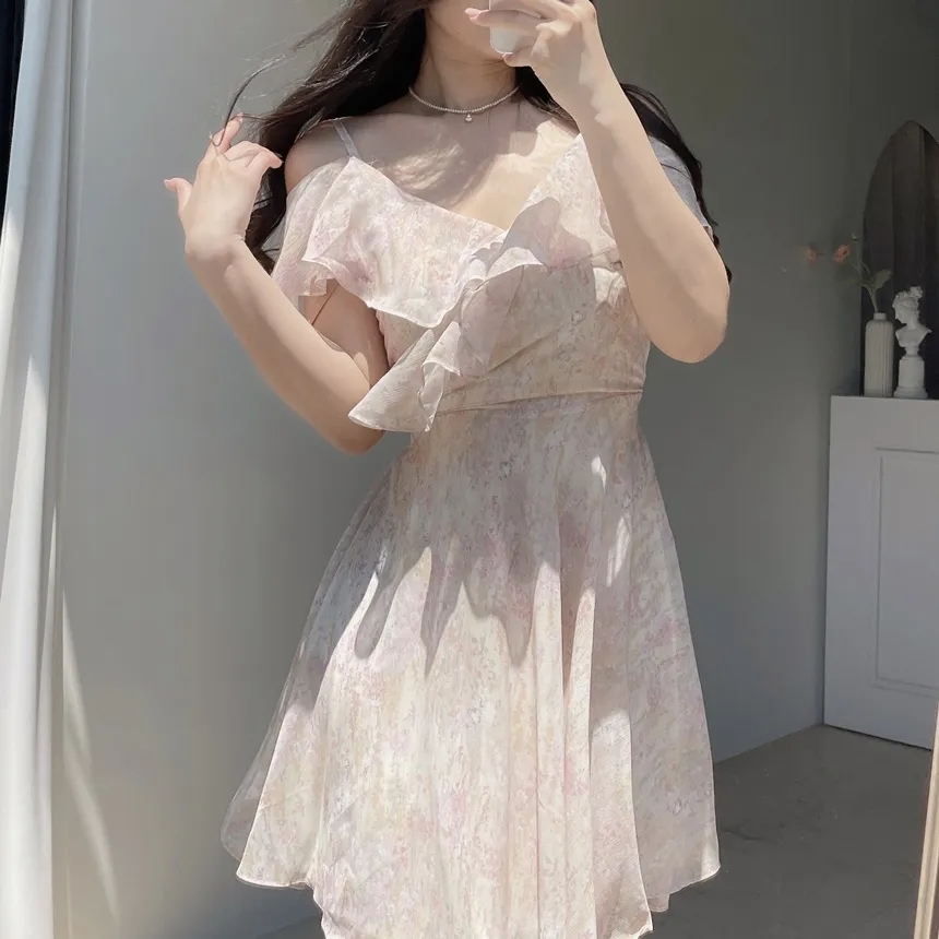 シフォンソフトミディフレアラッフルオフショルダージップアップVネックプリントキャミワンピース | mirangmirang | 詳細画像6