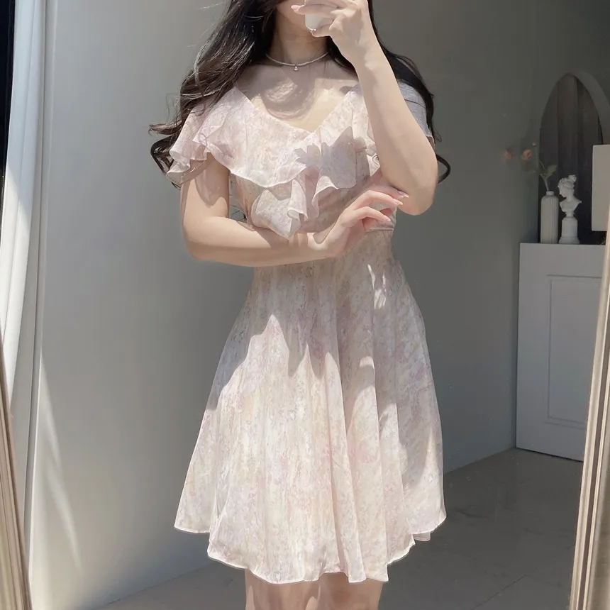 シフォンソフトミディフレアラッフルオフショルダージップアップVネックプリントキャミワンピース | mirangmirang | 詳細画像7