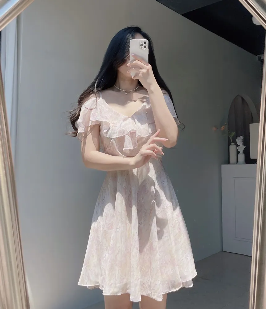 シフォンソフトミディフレアラッフルオフショルダージップアップVネックプリントキャミワンピース | mirangmirang | 詳細画像15