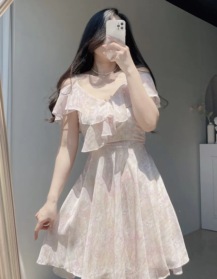シフォンソフトミディフレアラッフルオフショルダージップアップVネックプリントキャミワンピース | mirangmirang | 詳細画像16