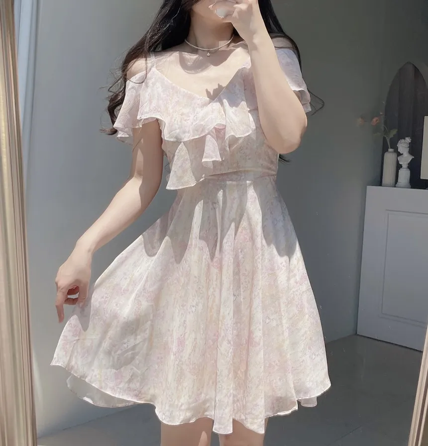 シフォンソフトミディフレアラッフルオフショルダージップアップVネックプリントキャミワンピース | mirangmirang | 詳細画像17